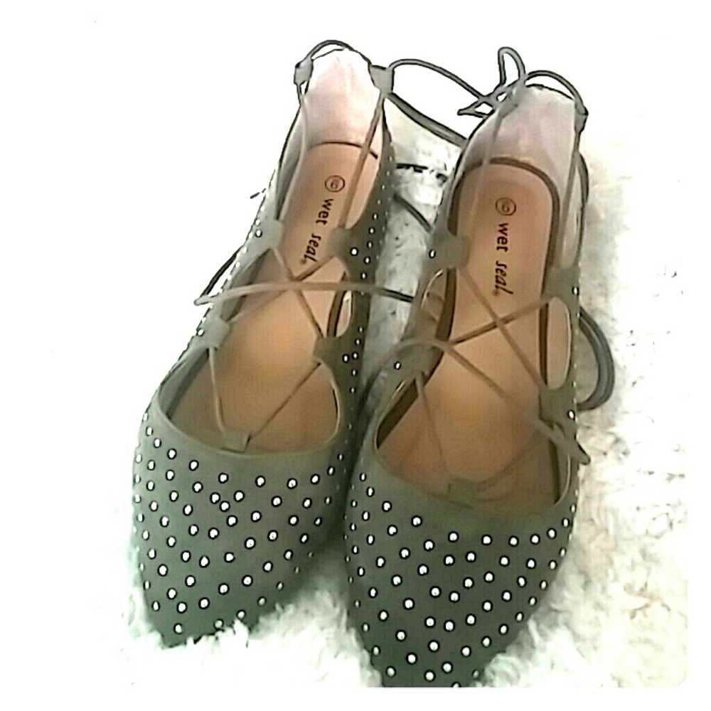 Army green studded lace up ballet flats