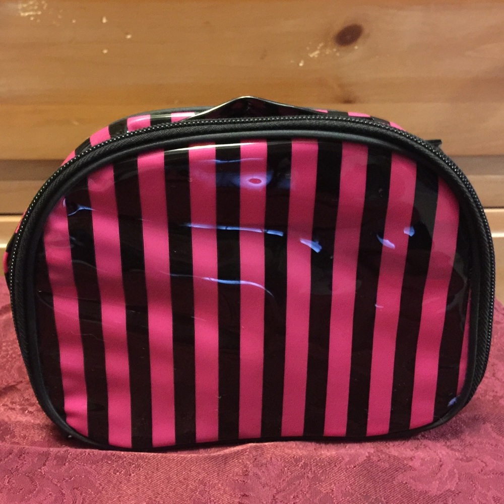 Cosmetic Bag w/ Zipper Pocket Pink & Black Stripe