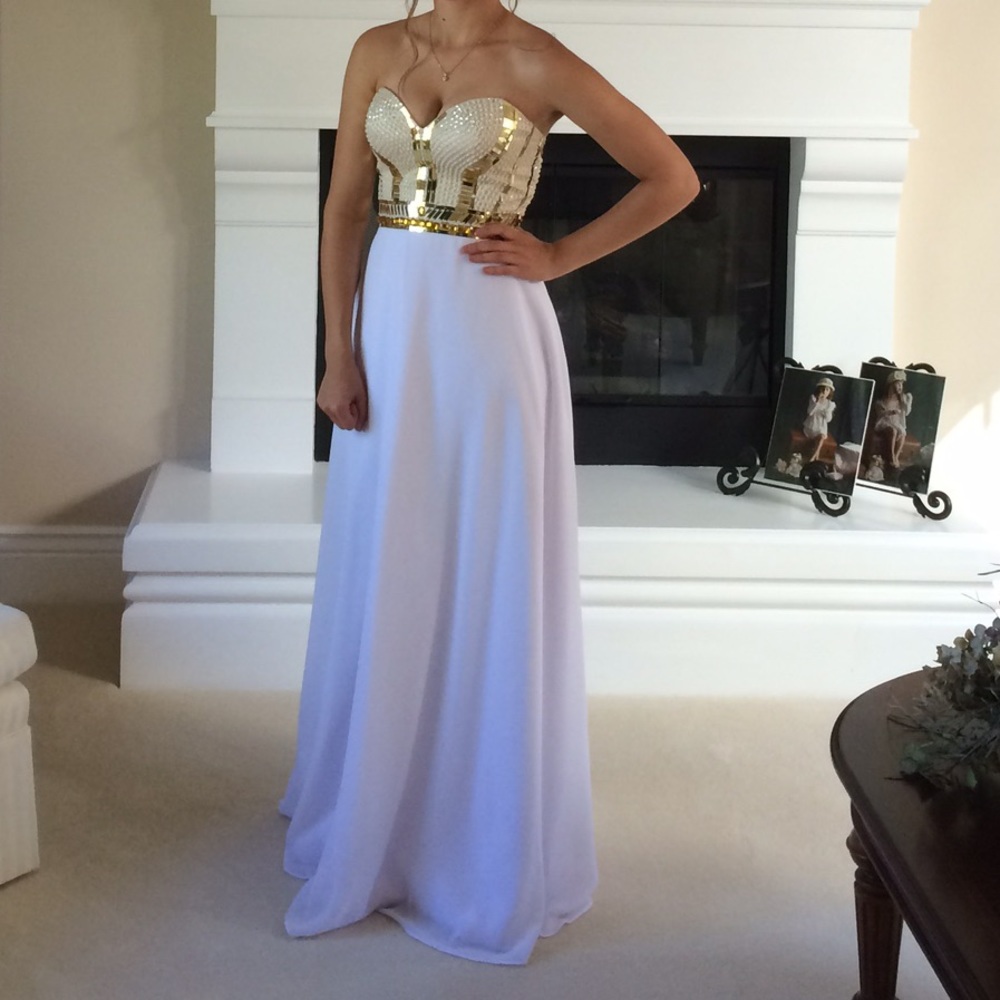 White & Gold strapless Prom Dress
