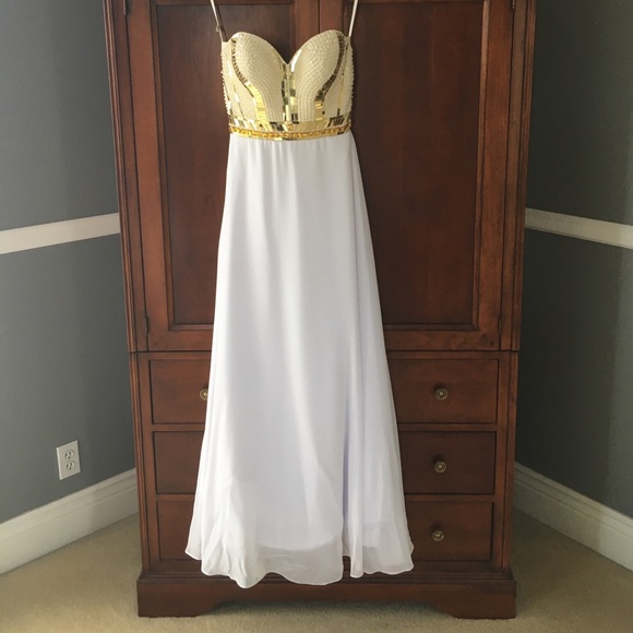 White & Gold strapless Prom Dress - Picture 5 of 8