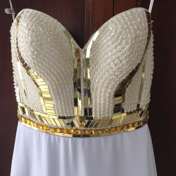 White & Gold strapless Prom Dress - Picture 6 of 8