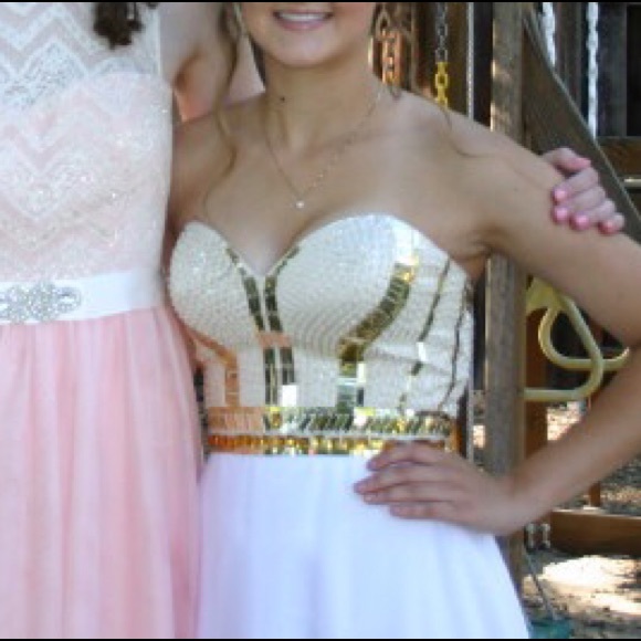 White & Gold strapless Prom Dress - Picture 3 of 8