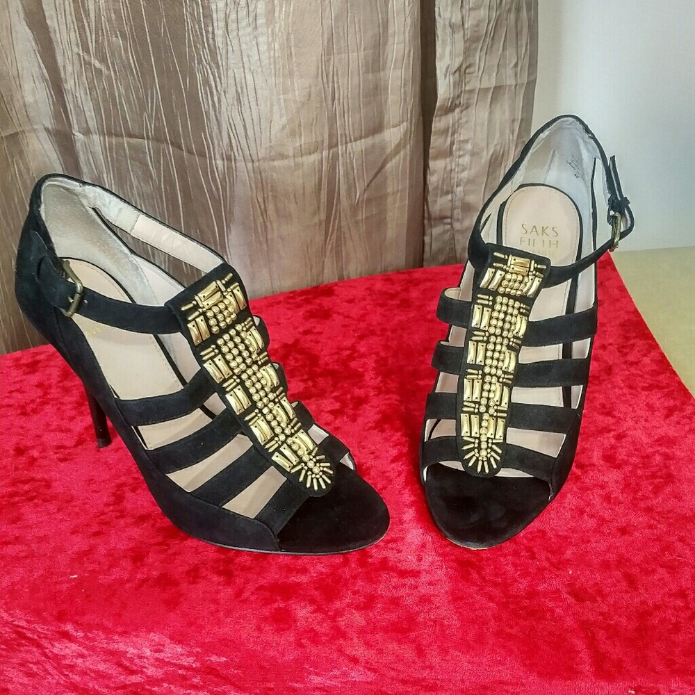 Saks fifth avenueBlack and gold open toe heels