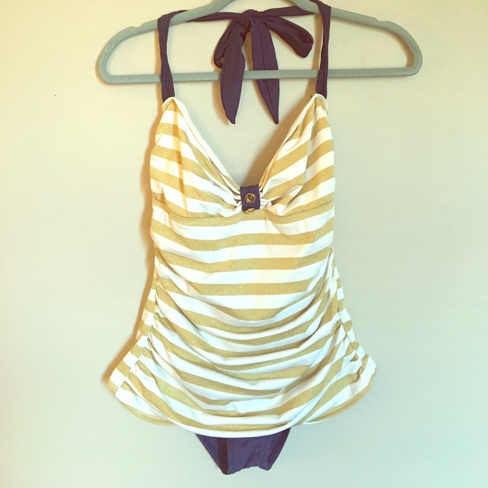 One piece striped gold & navy swimsuit