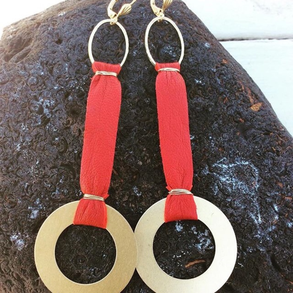 Red leather and brass earrings