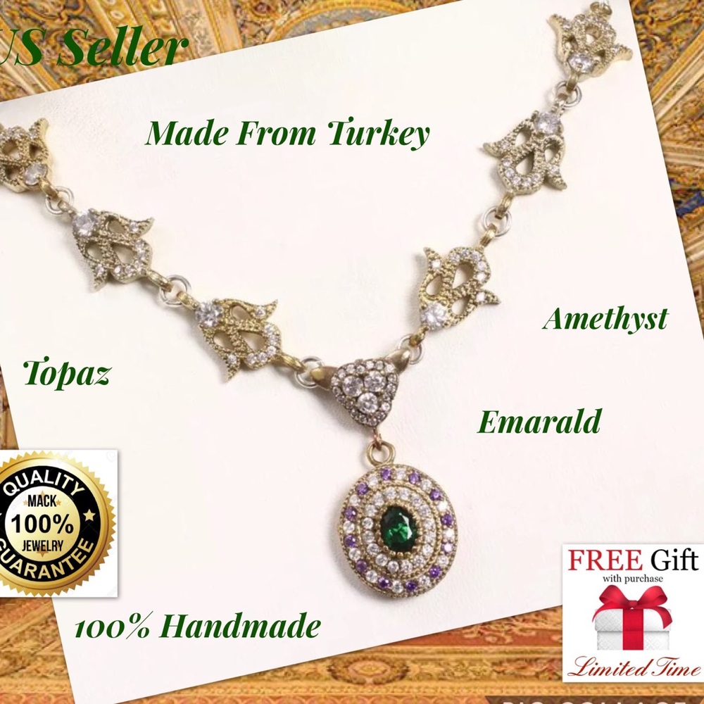 HANDMADE EMERALD TOPAZ AMETHYST SILVER NECKLACE - Picture 1 of 8