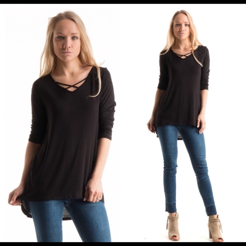 Criss Cross front hi lo tunic -- black
