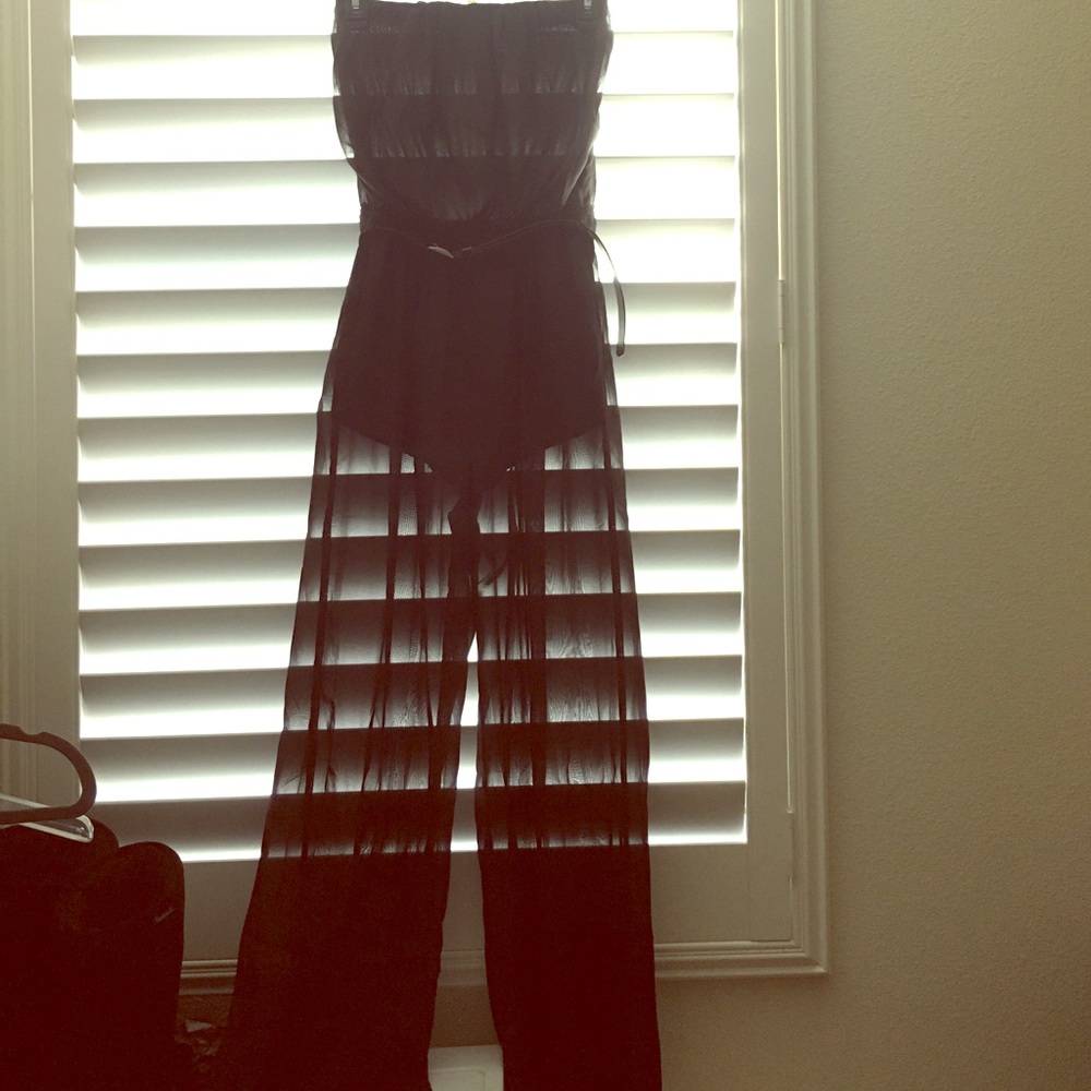 Strapless, black, sheer, long pant romper