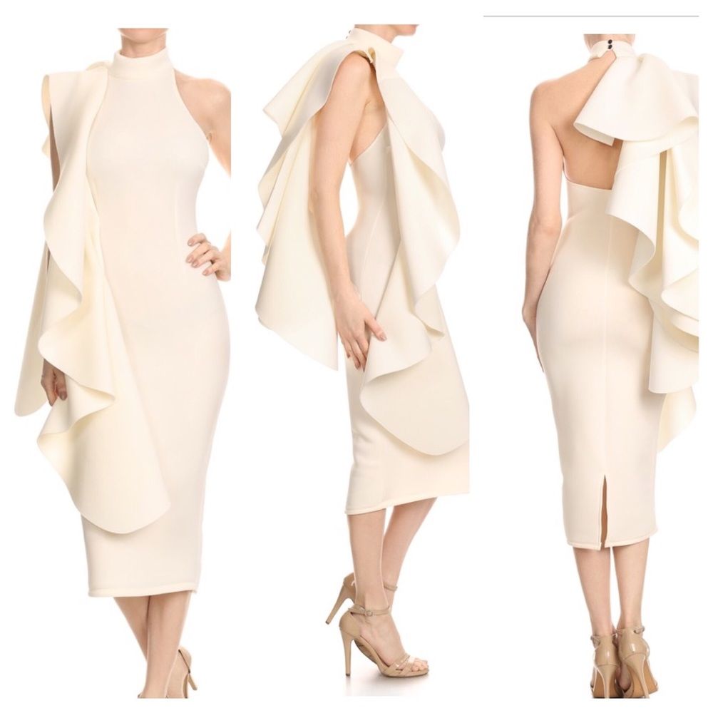 Ivory Side Ruffle Low Back Dress