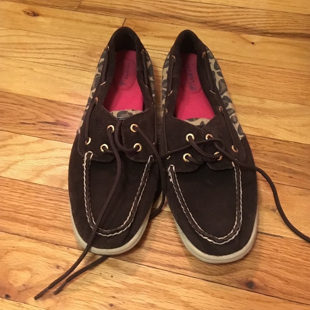 Brown suede and leopard sperrys