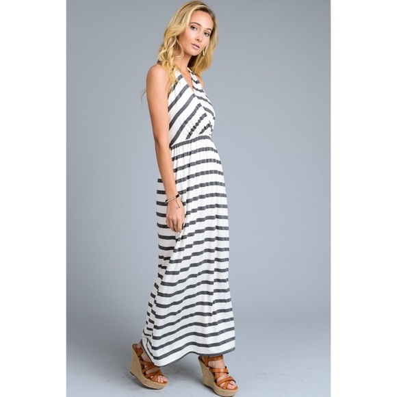 Ivory and Charcoal Striped T-Back Maxi Dress - Picture 2 of 6