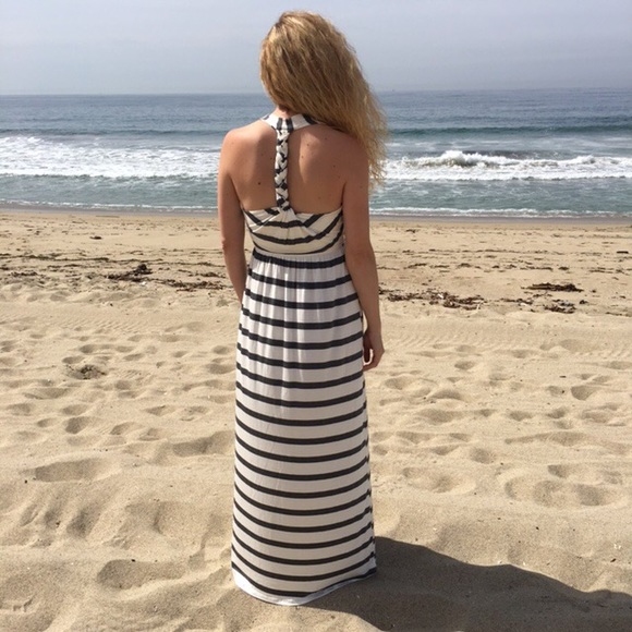 Ivory and Charcoal Striped T-Back Maxi Dress - Picture 5 of 6