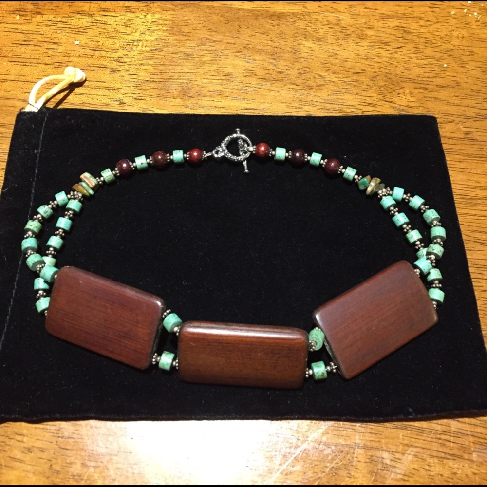 Unique polished wood and turquoise choker