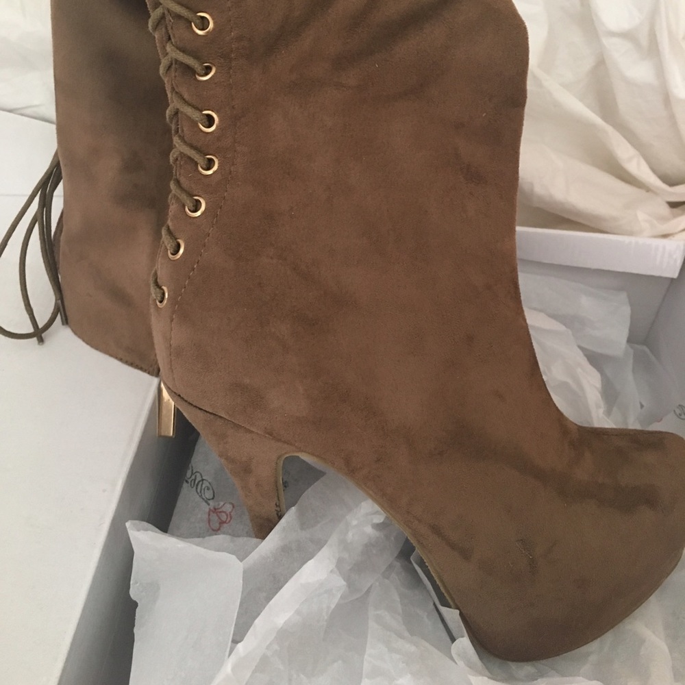 Taupe lace up thigh high boots