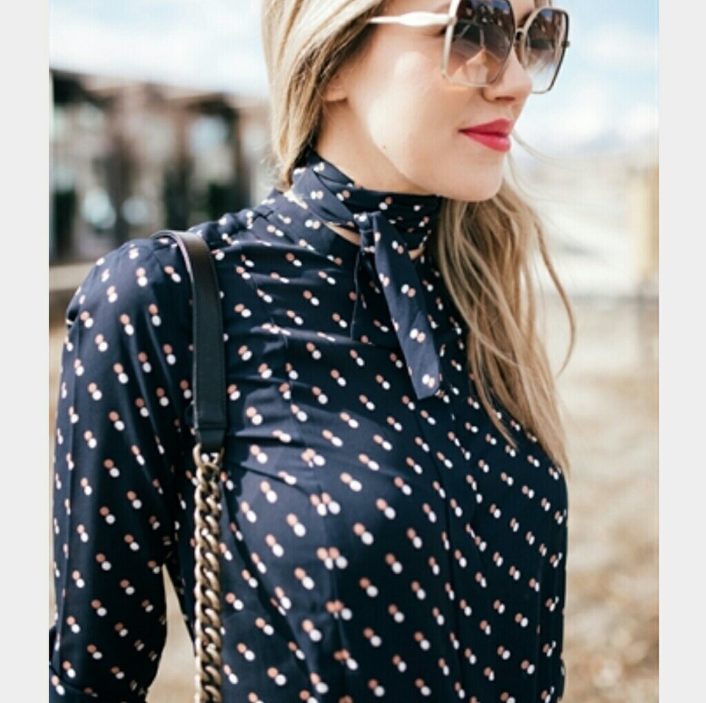 polka dot neck tie blouse