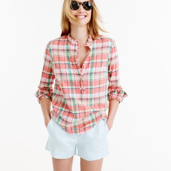 J. Crew Tops - J Crew Ruffle Popover Shirt in Melon Plaid