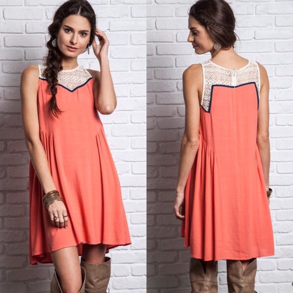 Coral Sleeveless Dress with Lace Trim