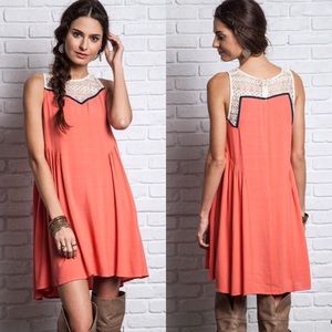 Coral Sleeveless Dress with Lace Trim
