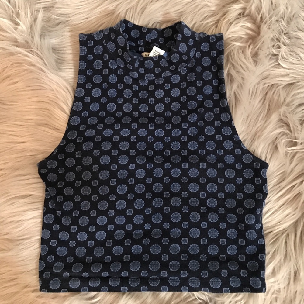 Blue Patterned Crop Turtleneck Top