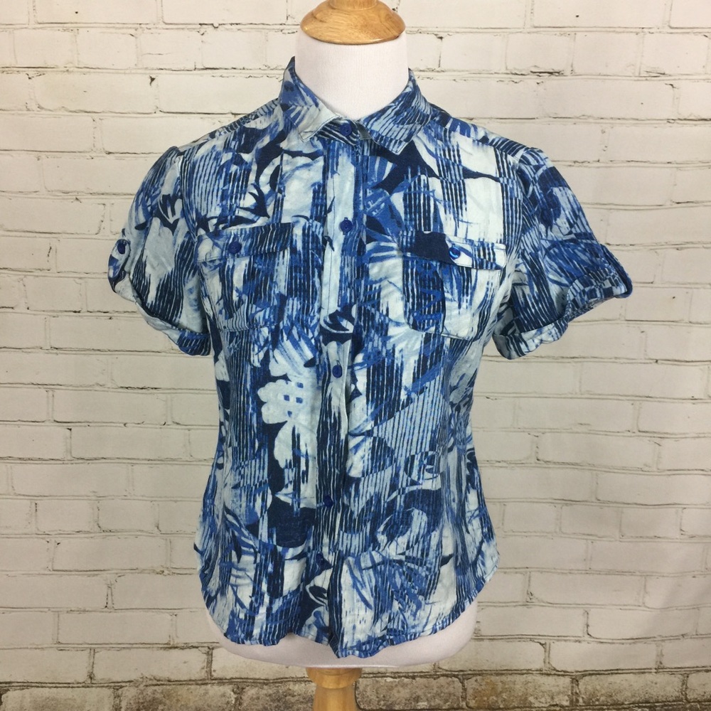 Striped Hawaiian Print Button Up Collared Shirt