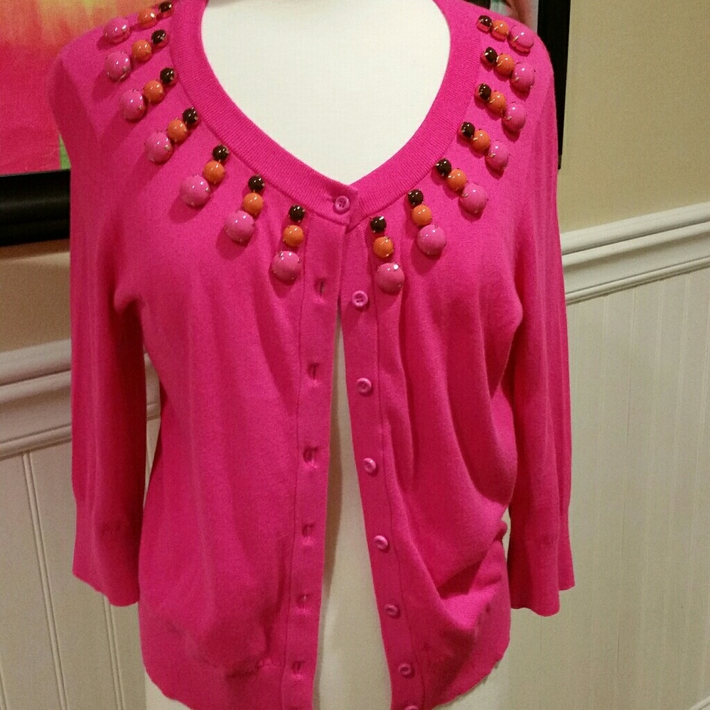 Kate Spade hot pink cardigan with stones on collar