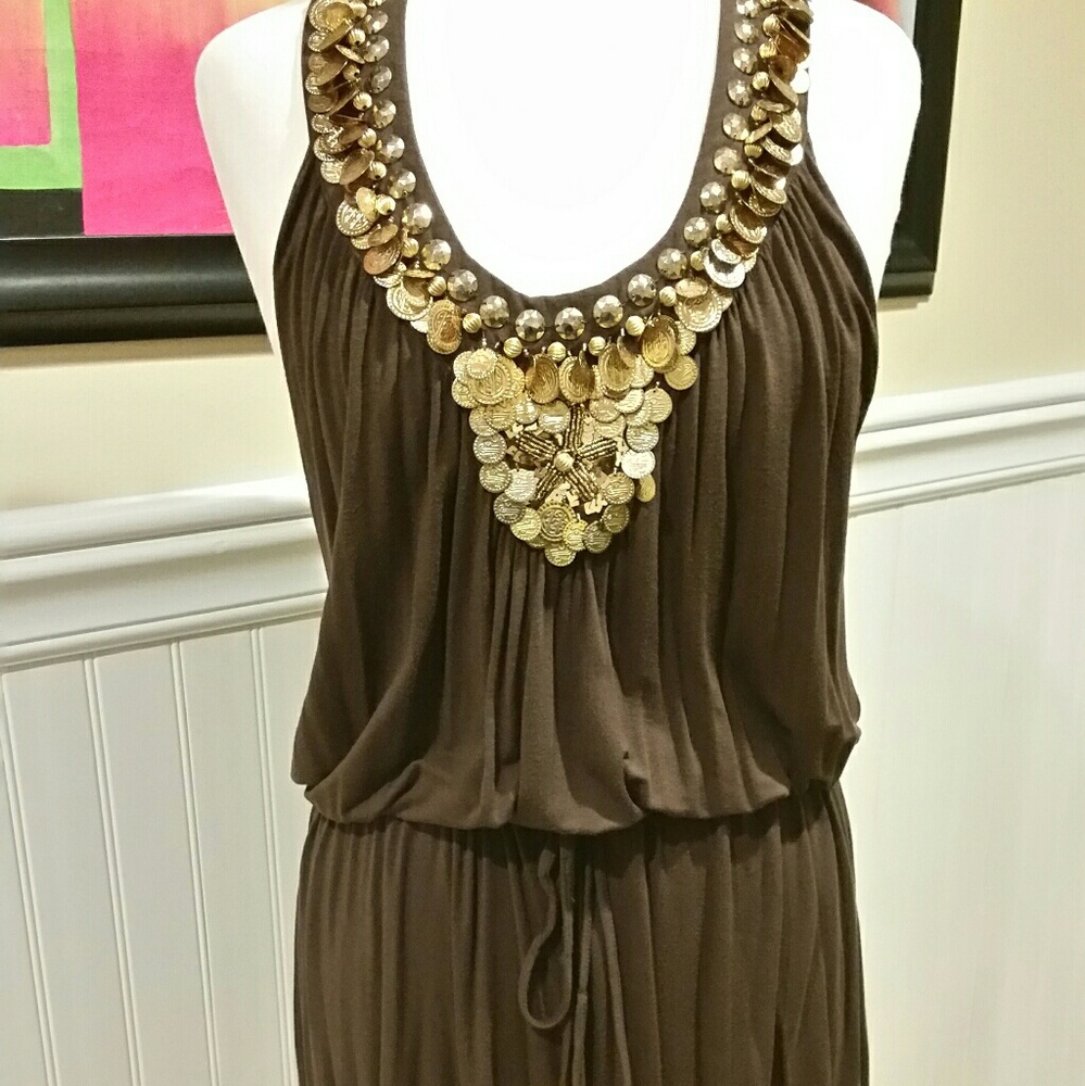 Pull over brown drawstring waist dress with coins