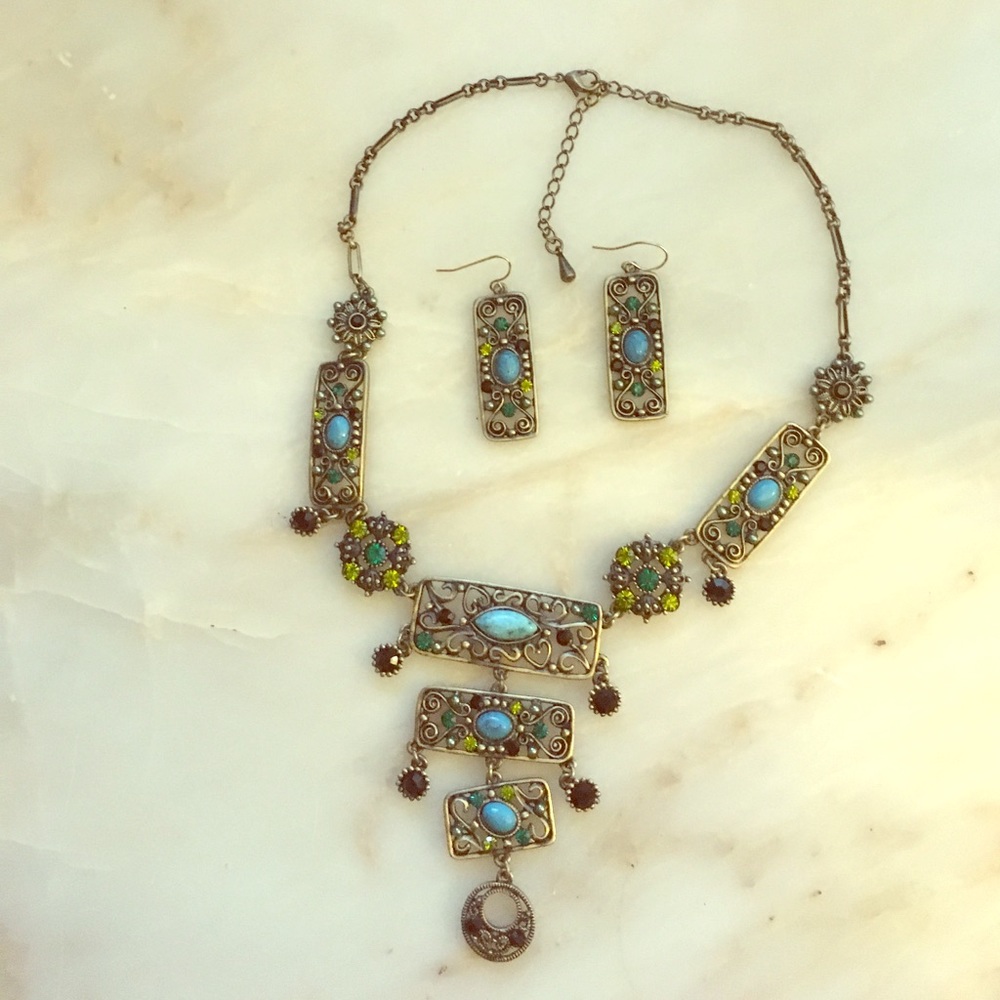 Crystal & Faux Turquoise Necklace with Earrings