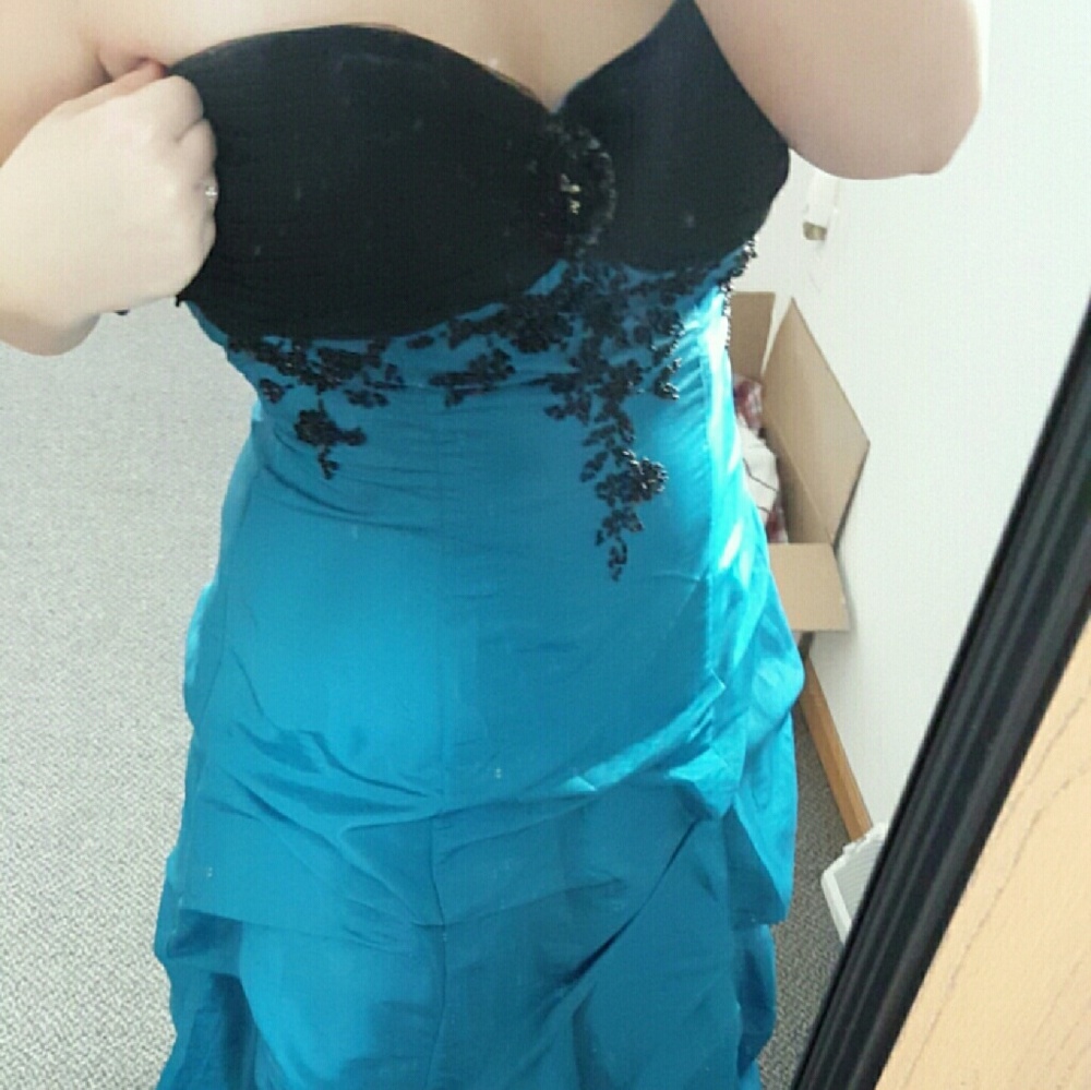 Dark Teal Prom Dress with Black Flowers