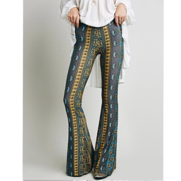 Border Print BELL Pants Flare Janis Bell Blue - Picture 2 of 3