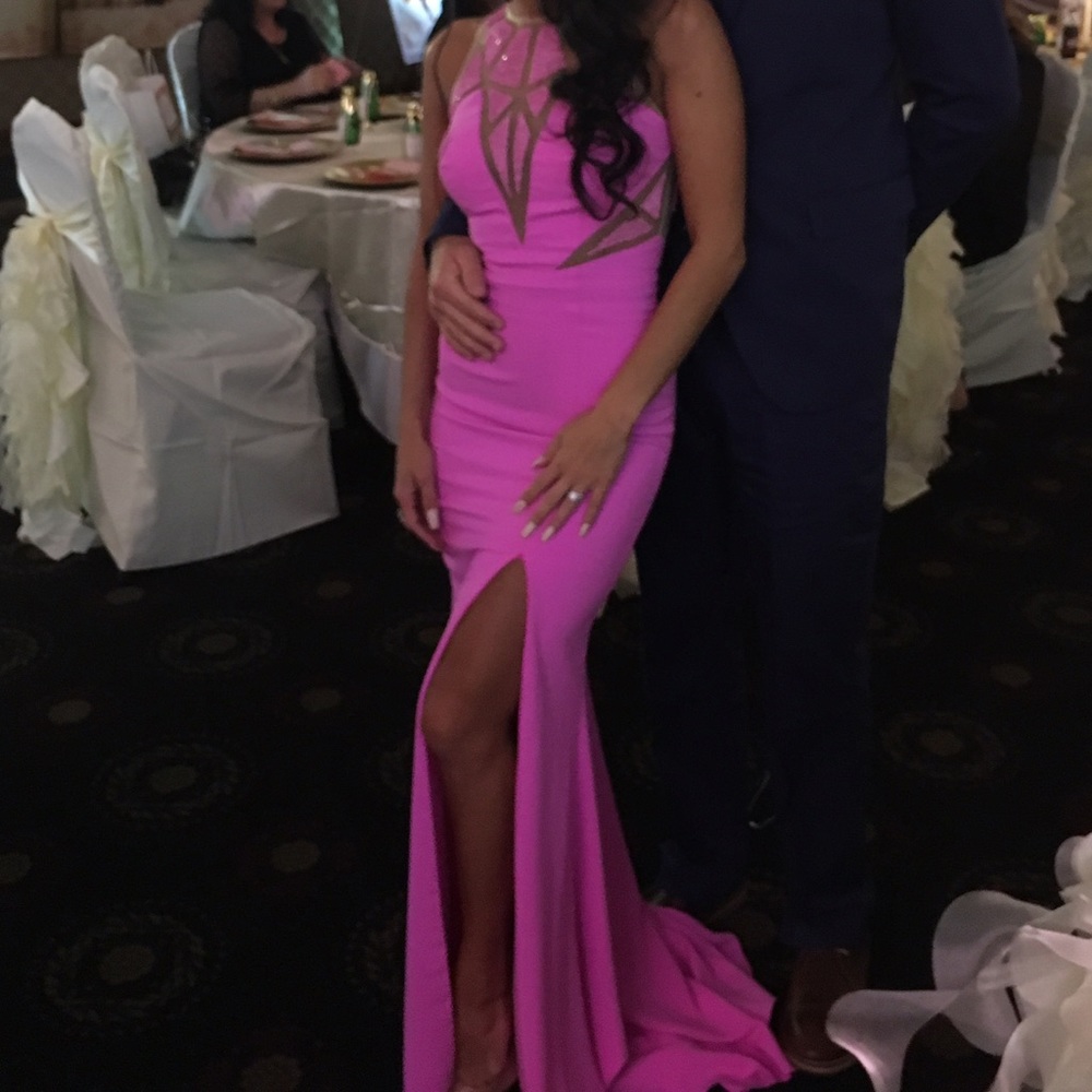 Prom dress with sheer Illusion top and beading