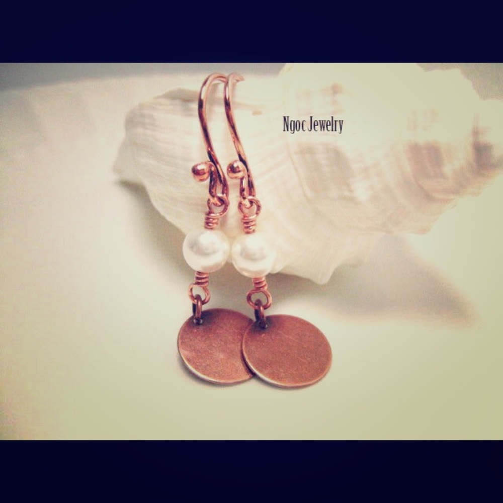 Swarovski Pearl and Copper Disc Earrings