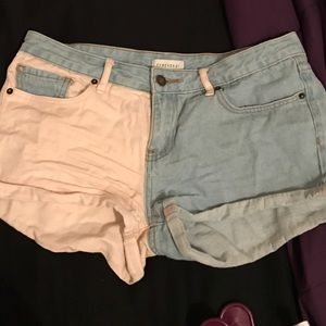 Color block denim shorts