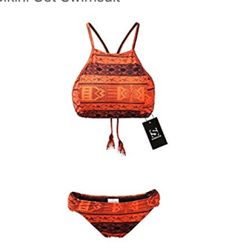 2 piece geometric print high neck halter bikini!