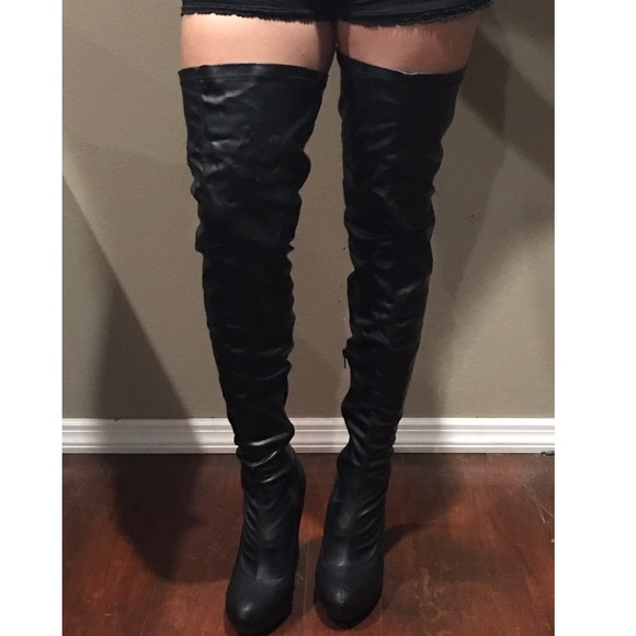 Shoes - New Black Over the Knee Stretch Lycra Heel Boots