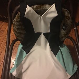 Black, white, and teal mini dress.