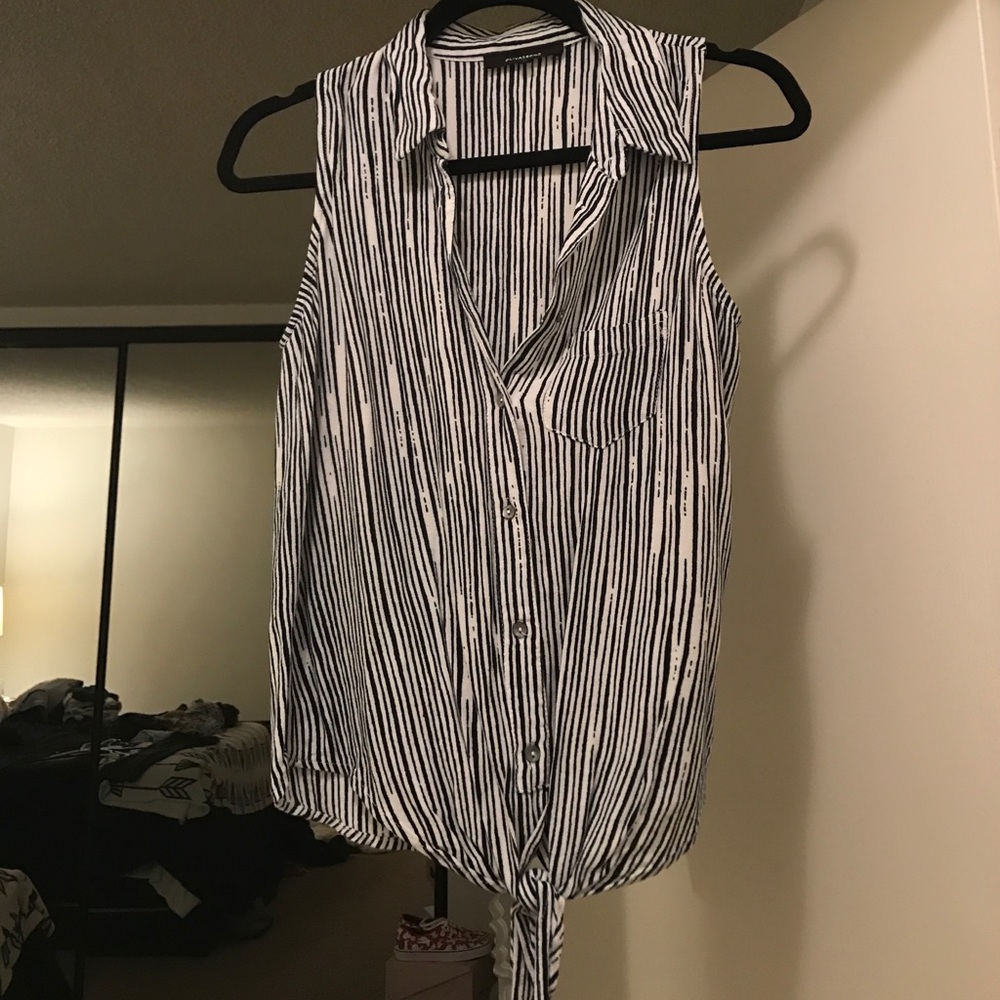 White and navy striped sleeveless blouse