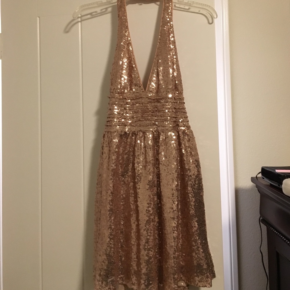 Rose gold halter sequin dress