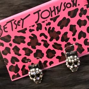 Betsey Johnson Pave Skull💀 Black Bow🎀 Post Earrings Sparkles