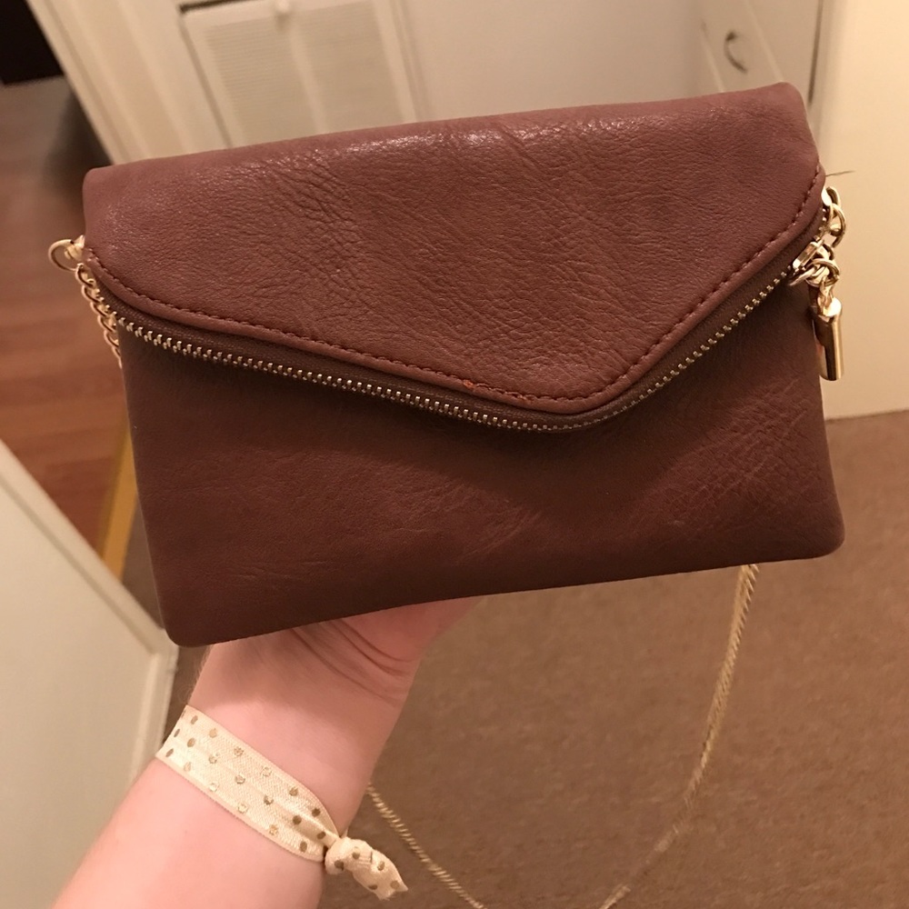 Brown crossbody/clutch with gold strap