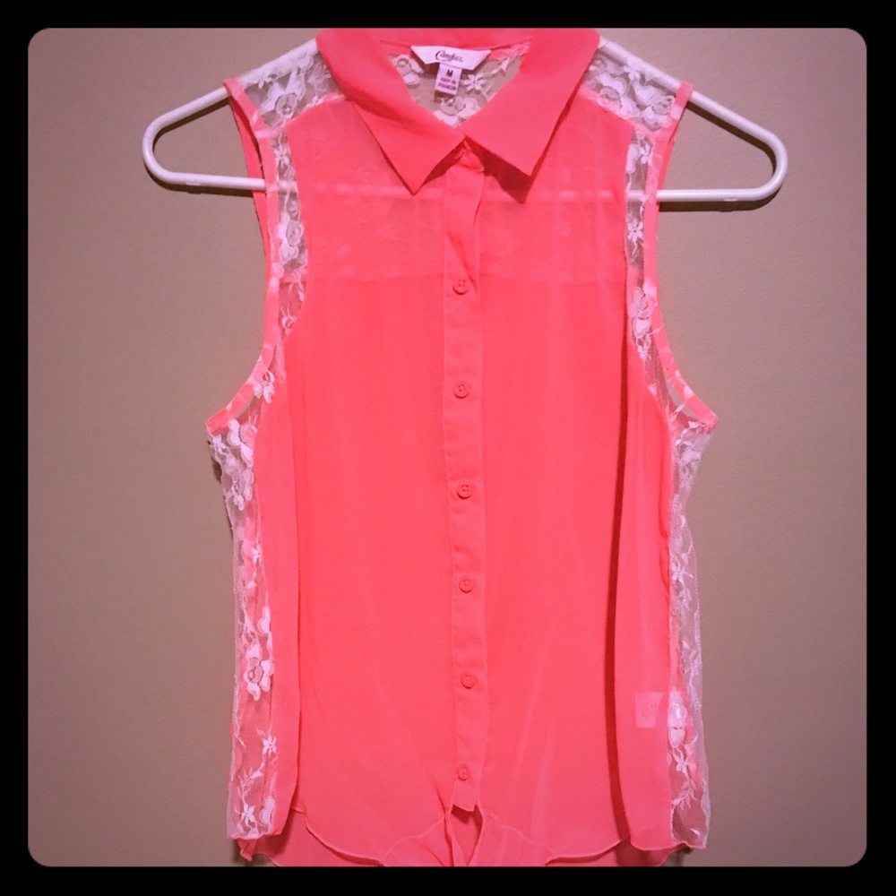 Candies, vibrant pink sherbet and lace sheer top