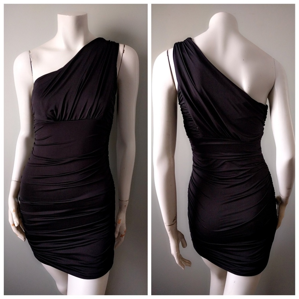 Honey & Rosie Black One Shoulder Ruched Draped Bodycon Dress S