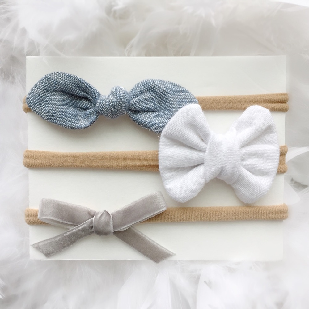 Bow Headband Set of 3 - Chambray, White and Gray