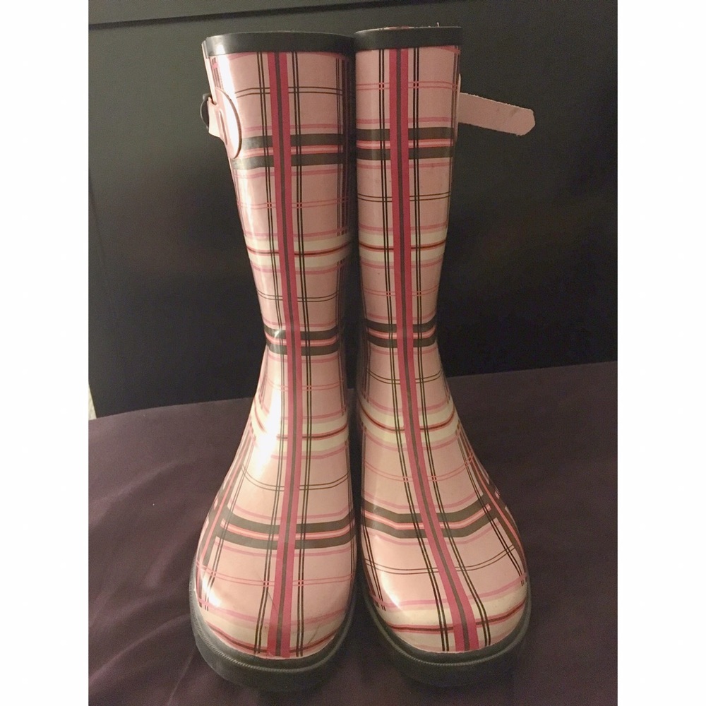 Pink plaid rain boots