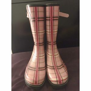 Pink plaid rain boots