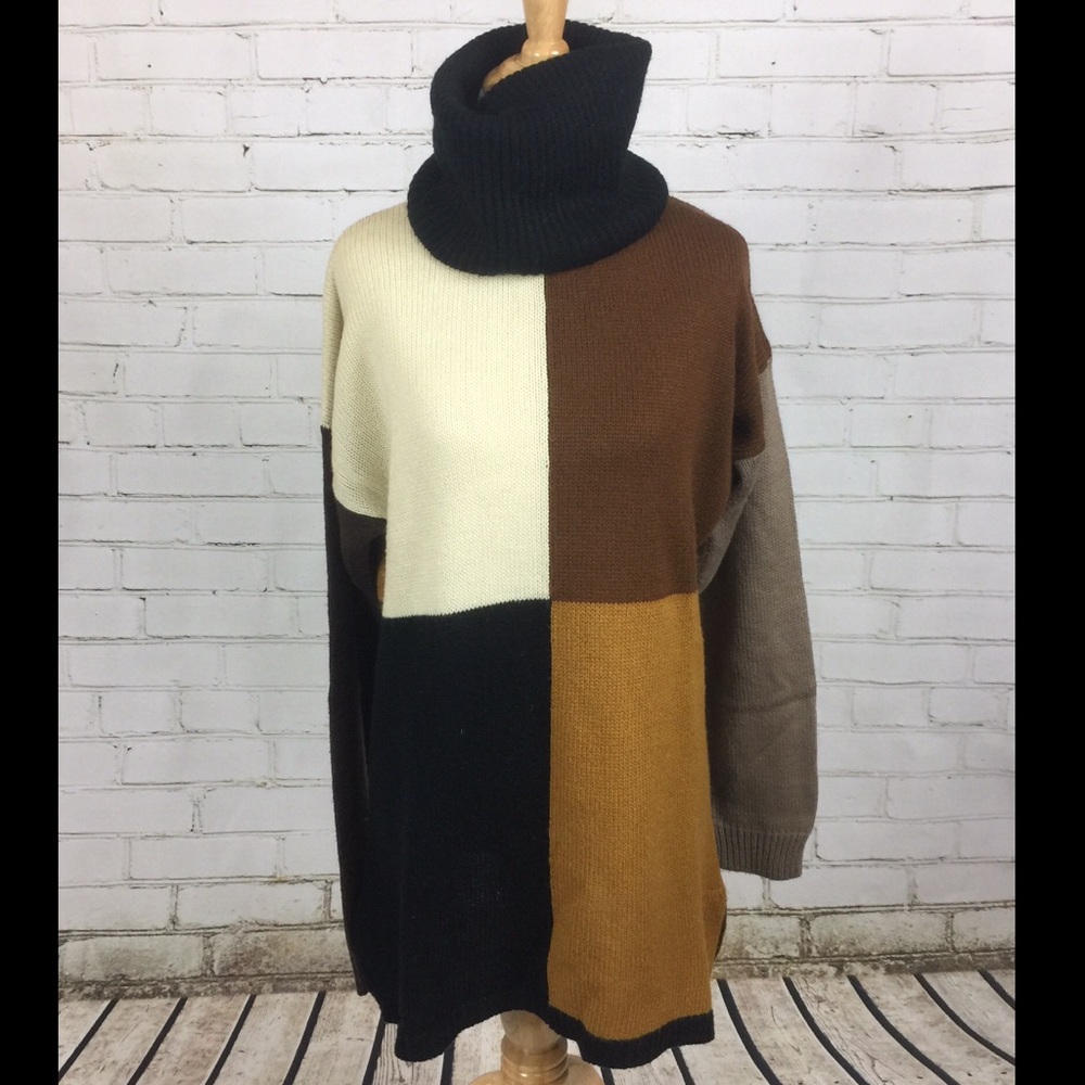 Vintage Geo Block Cowl Neck Knit Sweater Dress