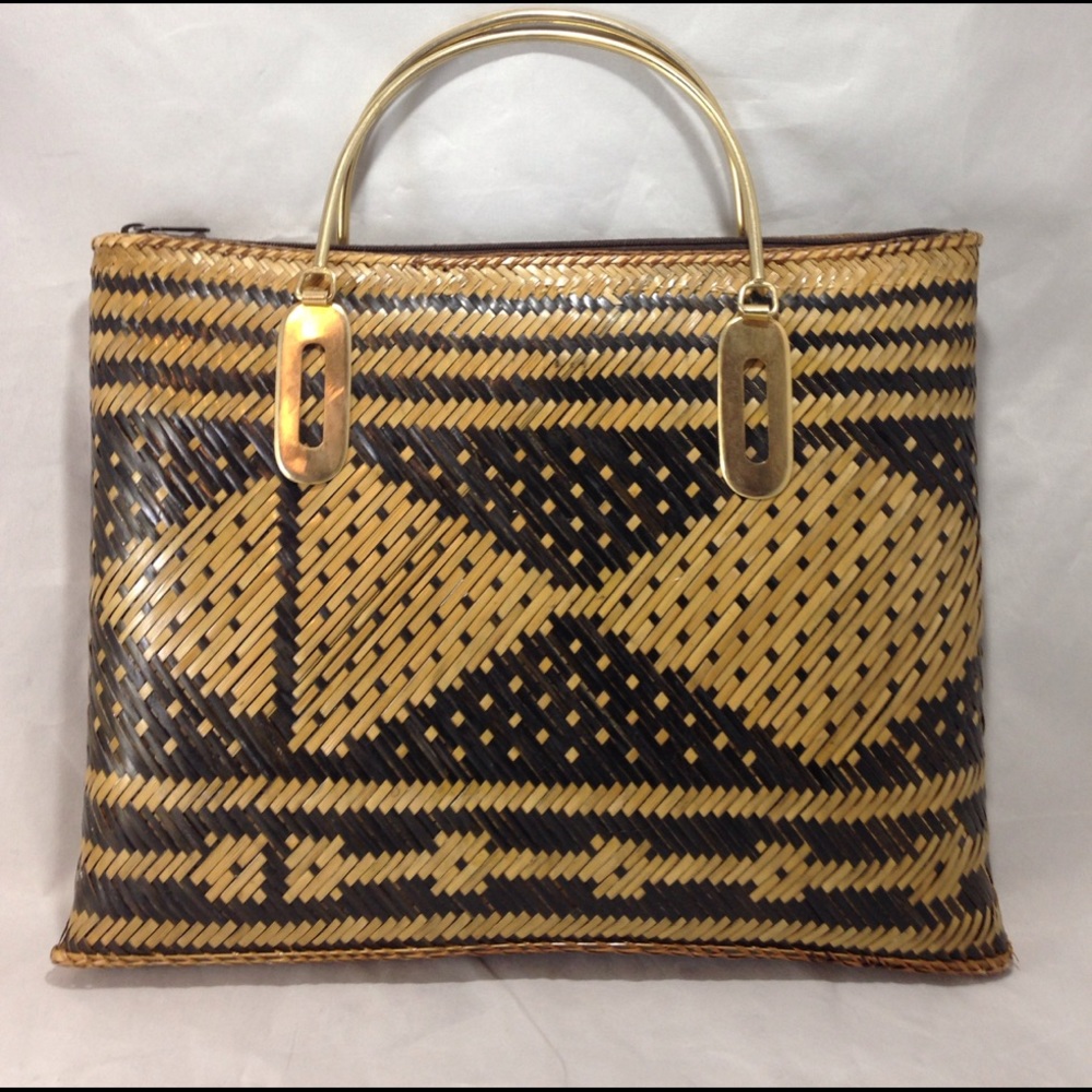 Vintage Rattan Hard Shell Purse Handbag Tote