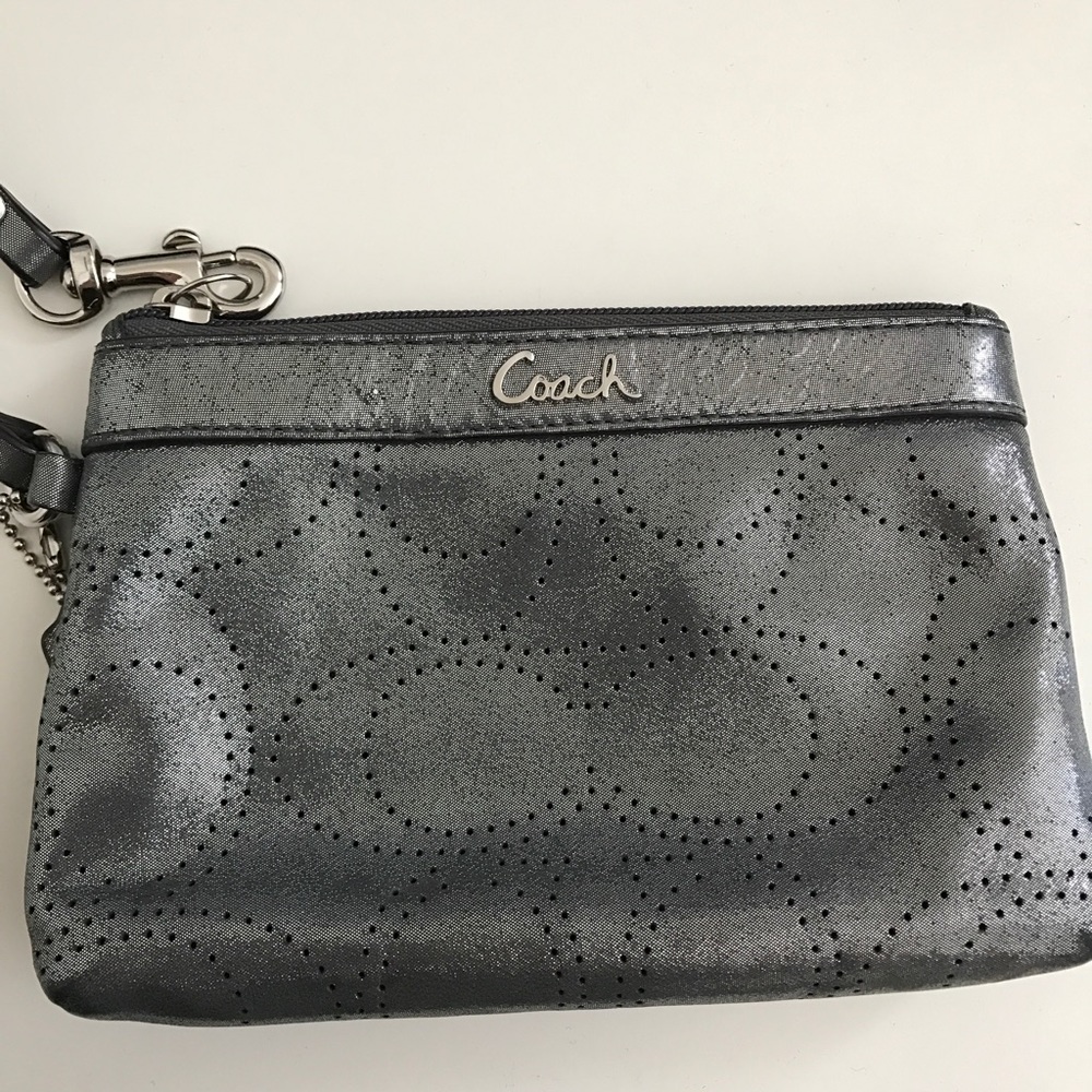 Coach Zipper Wristlet Clutch Metallic Silver