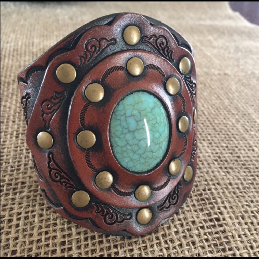 Three Bird Nest leather and turquoise cuff