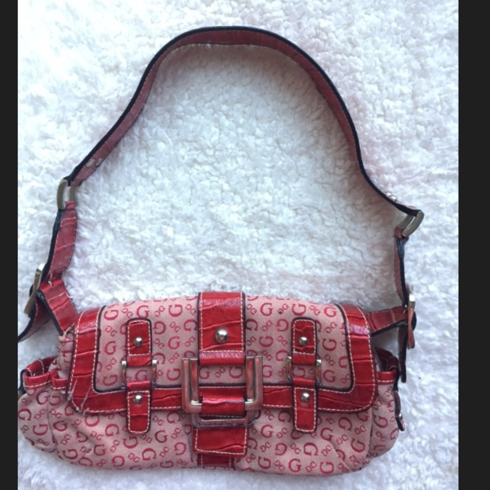 GUESS Red Jacquard Logo Leather Trim Purse