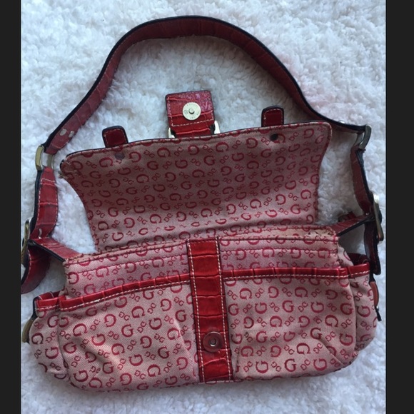 GUESS Red Jacquard Logo Leather Trim Purse - Picture 2 of 8